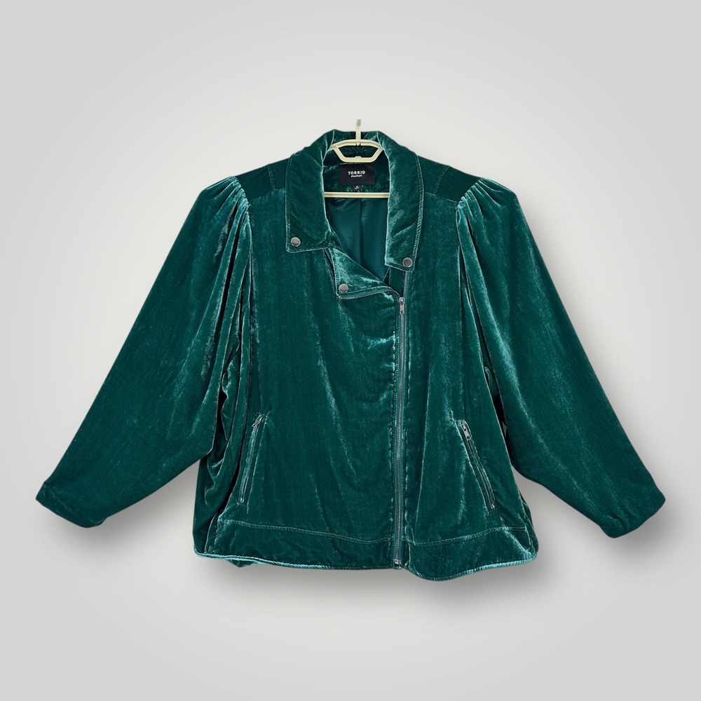 Torrid Jacket Womens 6X Emerald Velvet Moto Asymmetrical Zipper Plus Size Lined